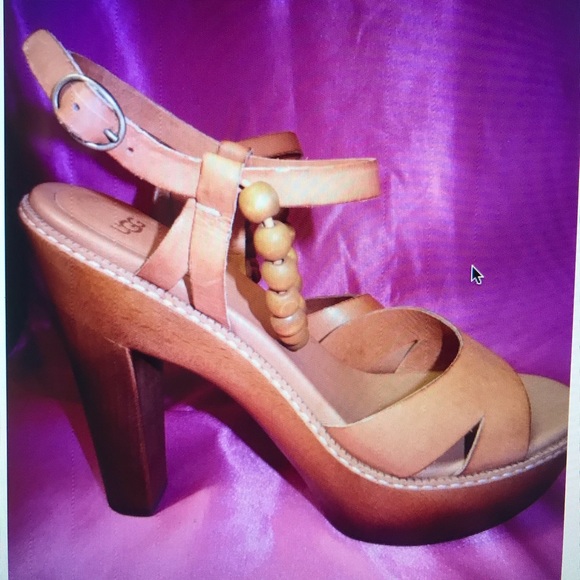 UGG tan nude leather peep toe retro heels wooden platform bead anklet - Picture 5 of 6